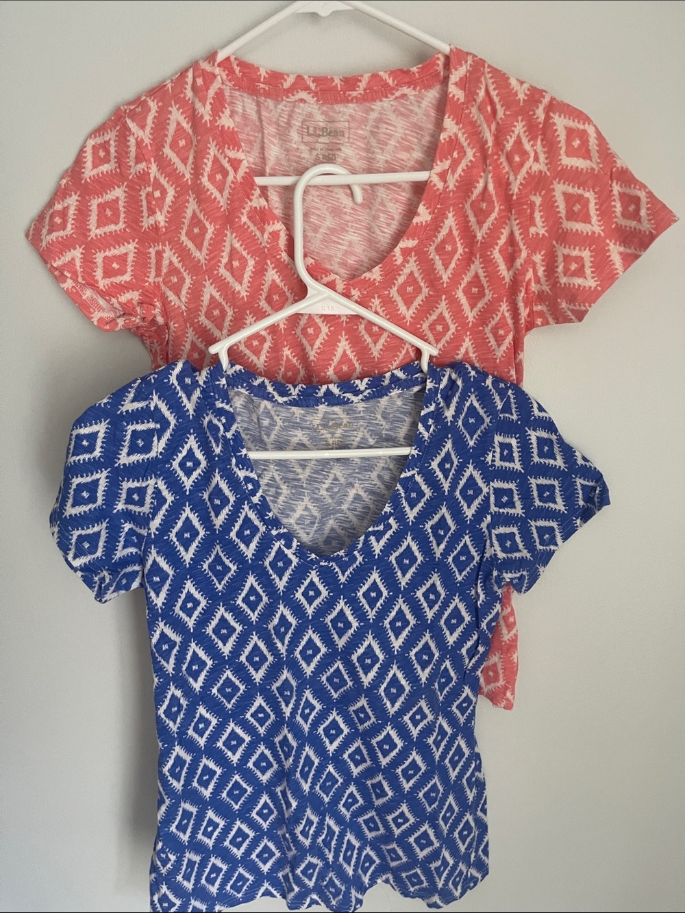 2 L.L. Bean Short-Sleeve V-Neck Tees in Coral and Blue prints